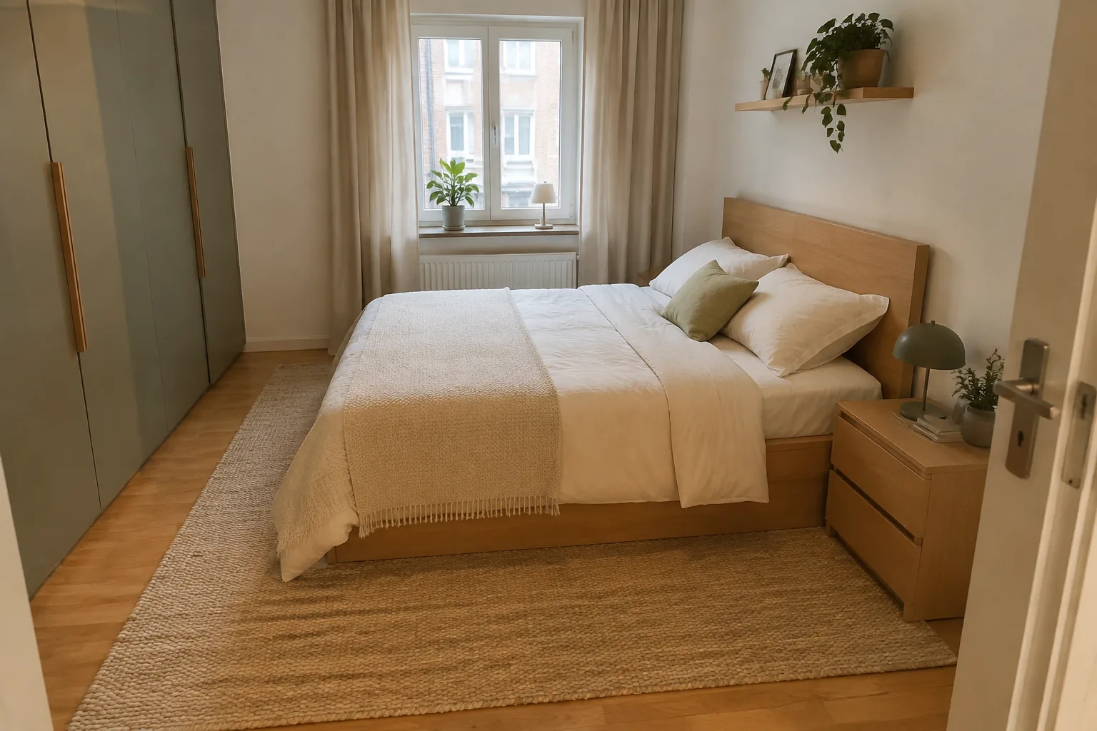 Passend großer Teppich ragt seitlich und am Fußende unter einem Bett hervor