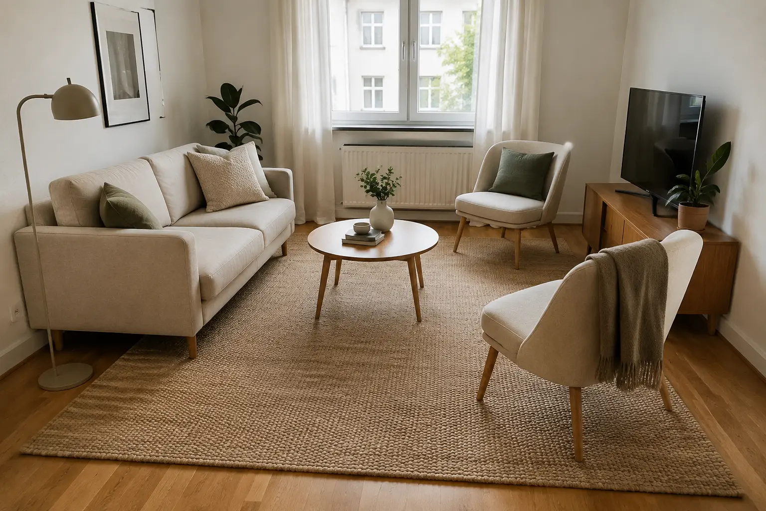 Passend großer Teppich verbindet Sofa und Sitzmöbel im kleinen Wohnzimmer
