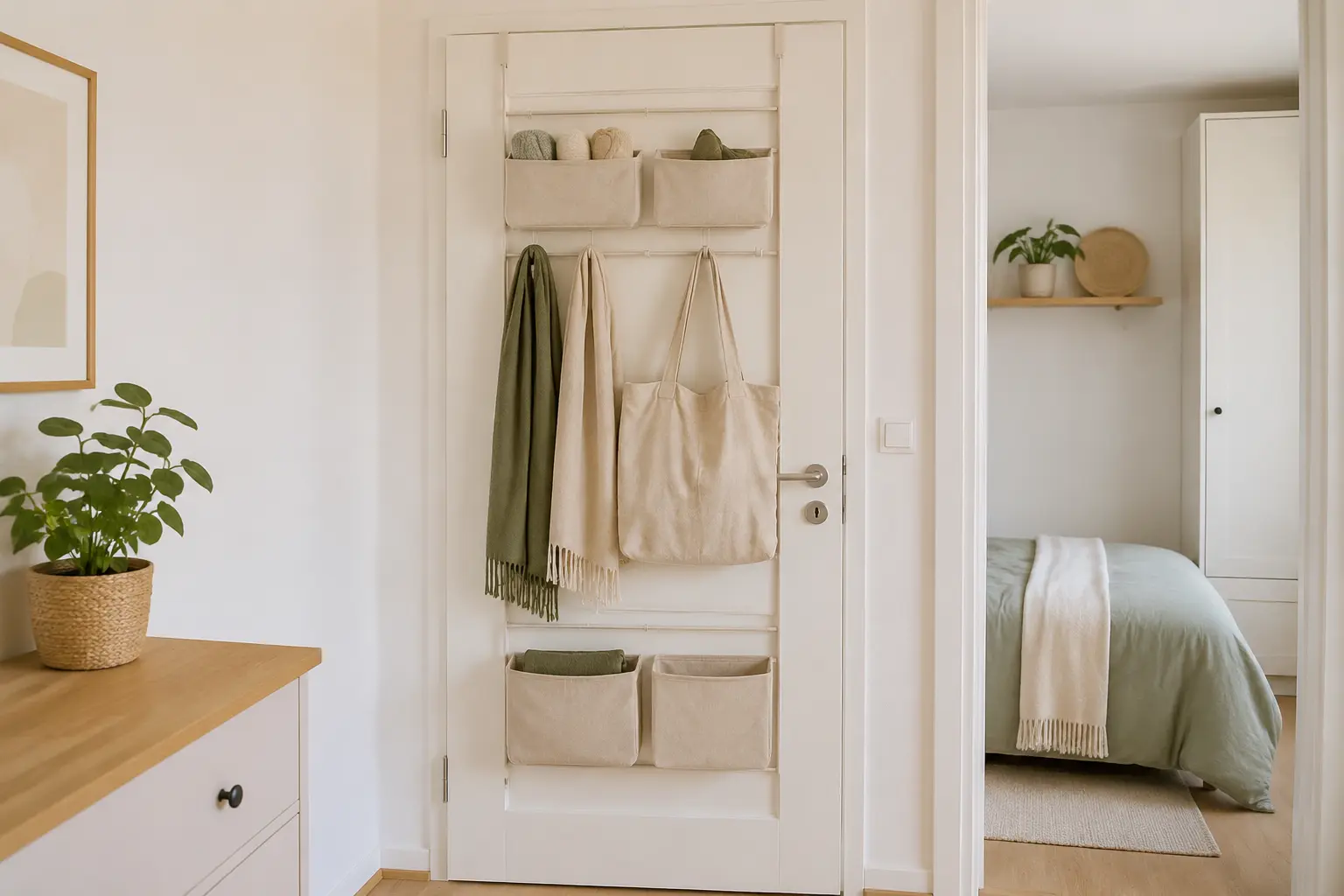 Flacher Organizer an der Rückseite einer Tür in einer kleinen Wohnung