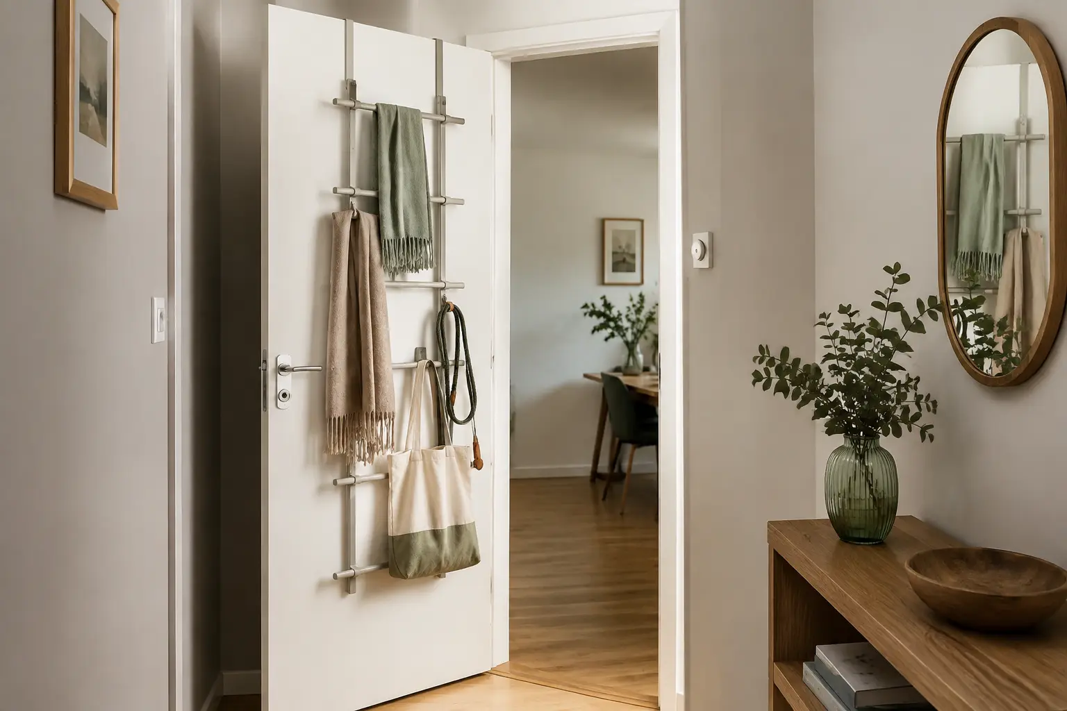 Flacher Organizer an der Rückseite einer Flurtür für leichte Accessoires