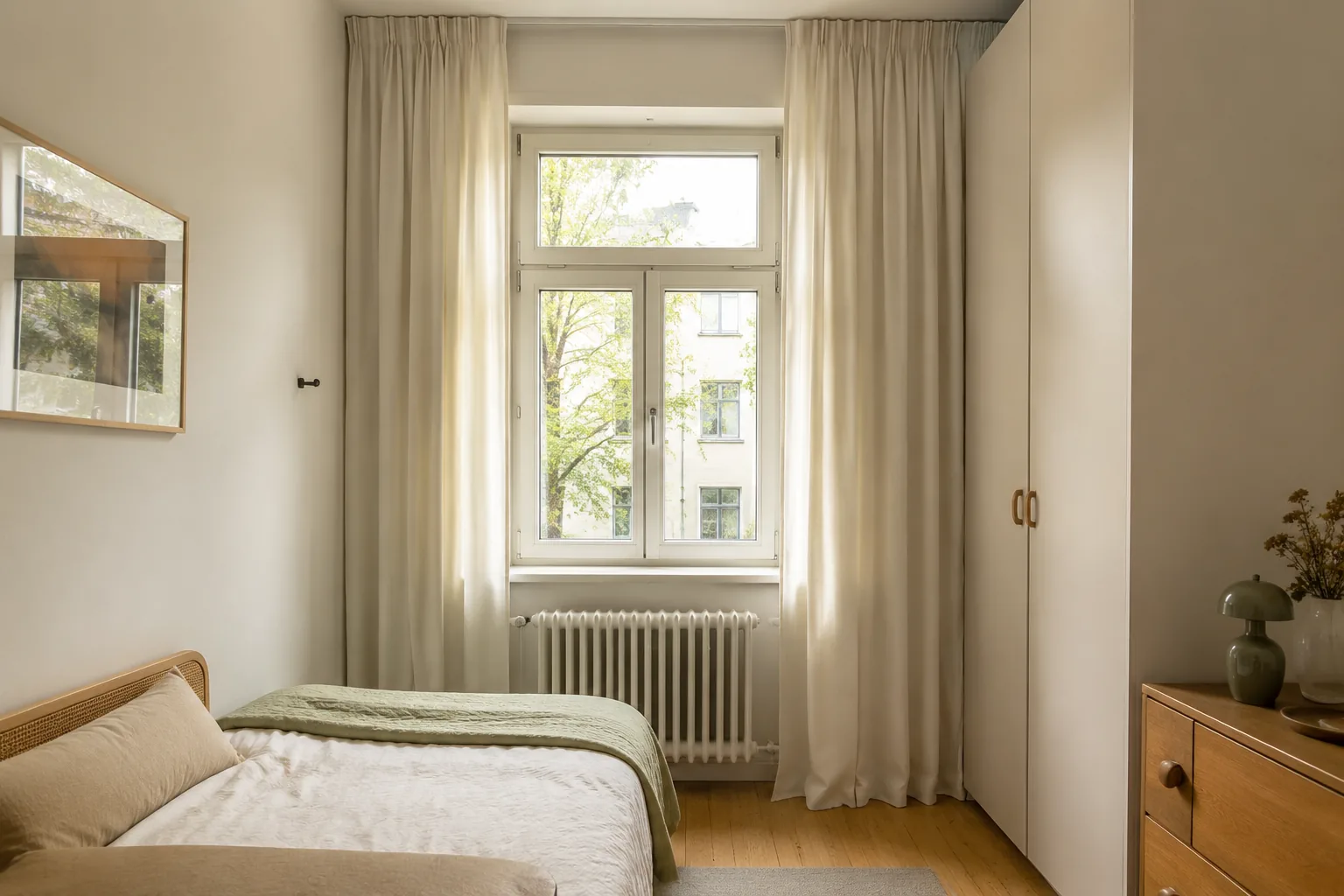 Deckenhohe helle Vorhänge hängen seitlich neben dem Fenster im kleinen Schlafzimmer