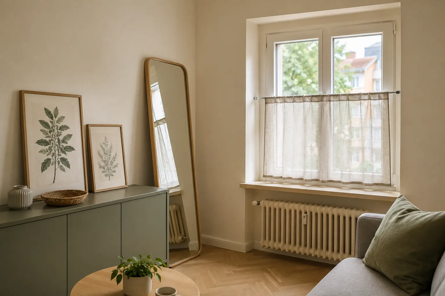 Wohnzimmer einer Mietwohnung mit angelehntem Spiegel, aufgestellten Bildern und Klemmgardine ohne Bohren