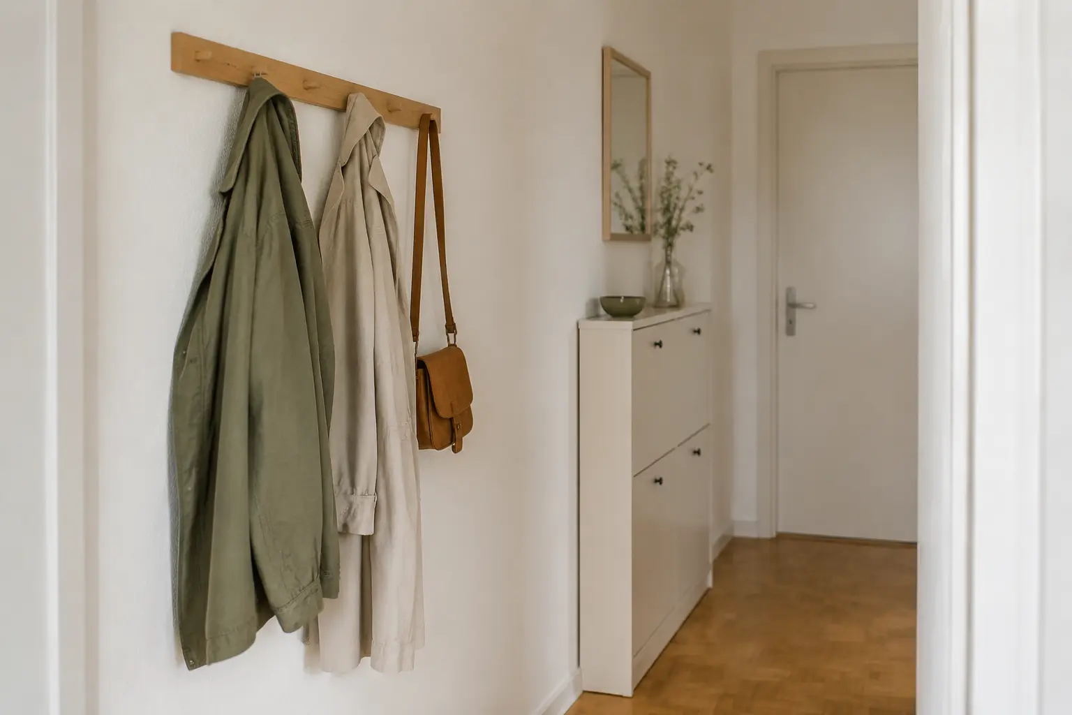 Schmale Wandgarderobe mit wenigen Jacken und Taschen im kleinen Flur