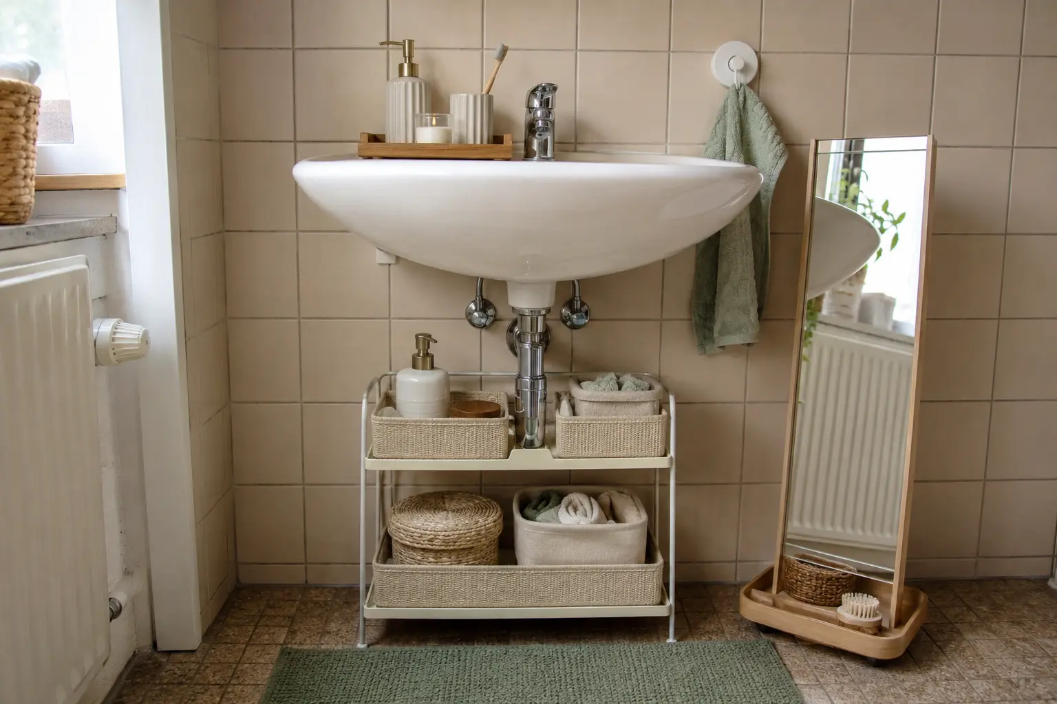 Freistehender Organizer unter dem Waschbecken schafft Stauraum im kleinen Bad ohne Bohren