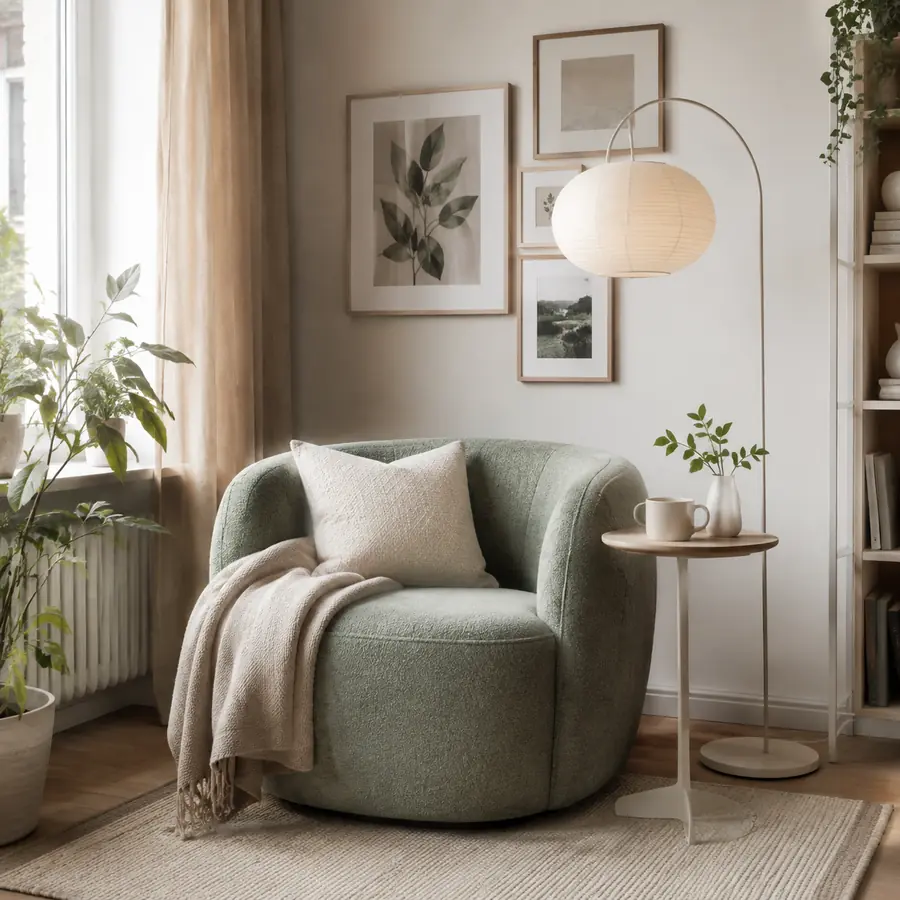 Gemütliche Leseecke in Salbeigrün und Beige für kleine Wohnungen