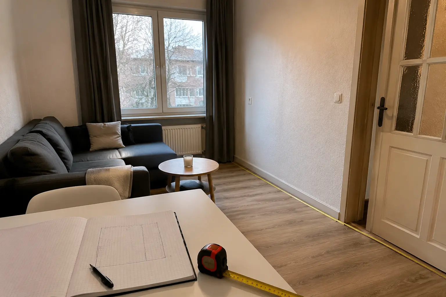 Kleines Wohnzimmer an mehreren Stellen ausmessen und Grundriss notieren