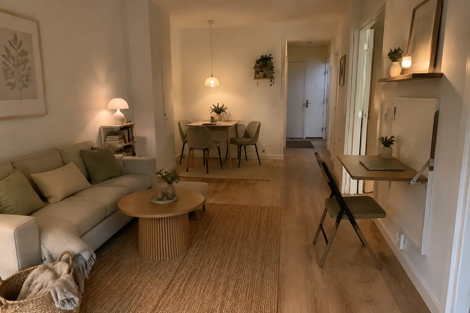 Kleines Wohnzimmer in Sitzbereich, Essplatz und flexible Arbeitszone aufteilen