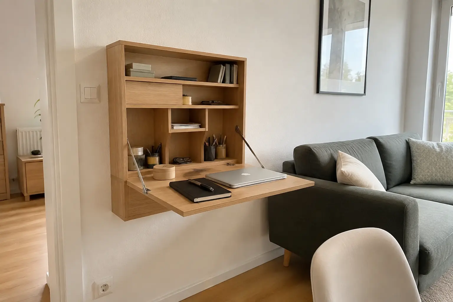 Schmaler Sekretär als platzsparender Arbeitsplatz im kleinen Wohnzimmer