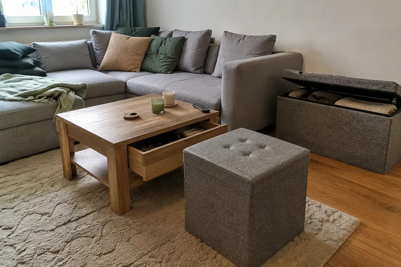 Sitzbank, Couchtisch und Hocker mit Stauraum im kleinen Wohnzimmer