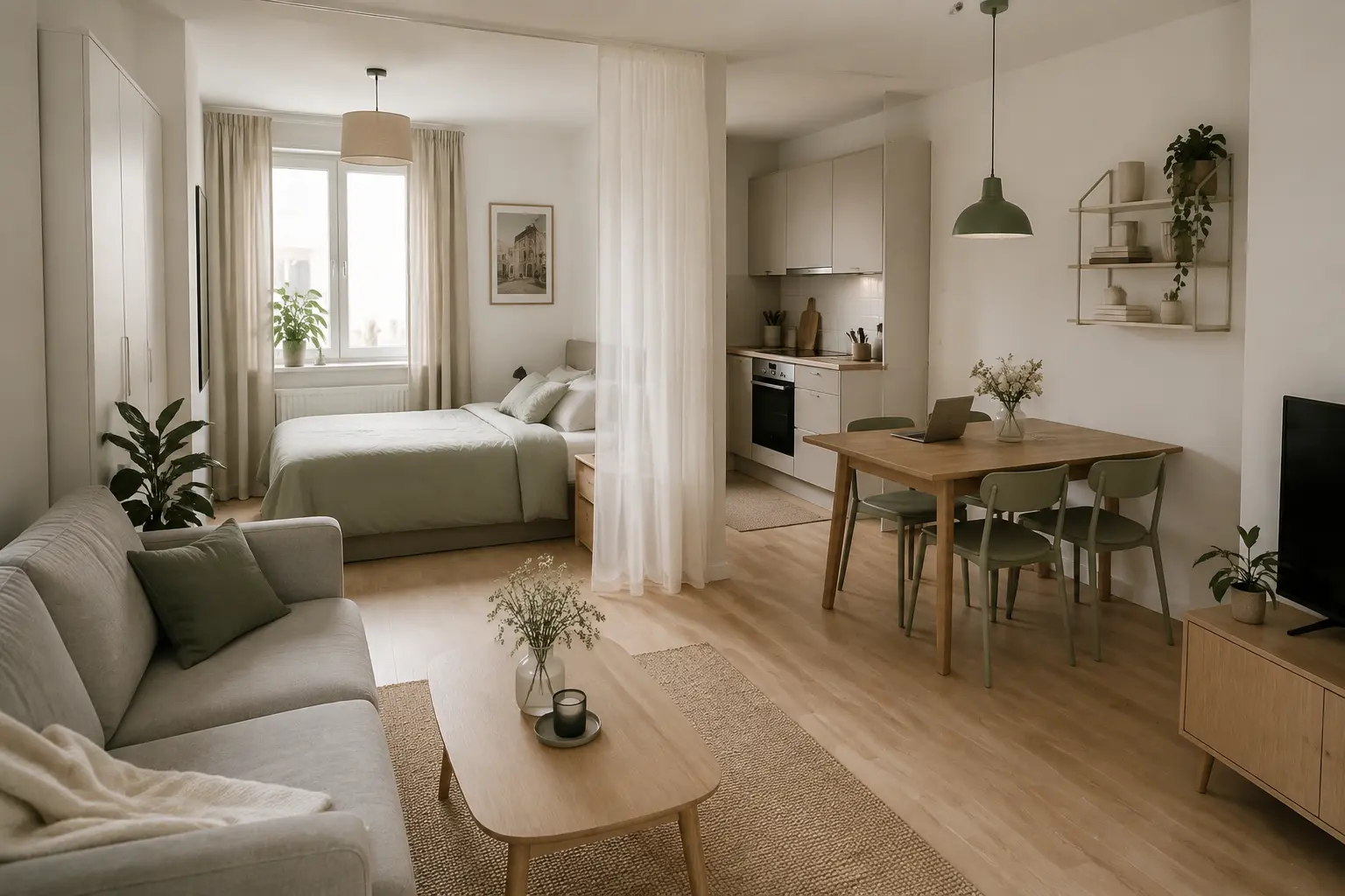 Kleine Wohnung mit klar getrennten Zonen für Wohnen, Essen, Arbeiten und Schlafen