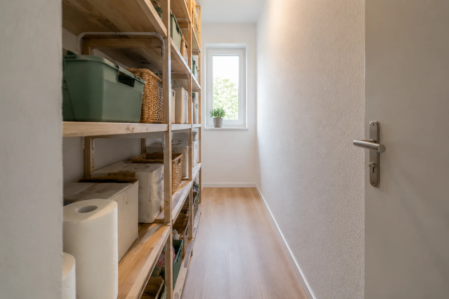 Schmaler Abstellraum mit flachem Regal an einer Wand und freiem Gang