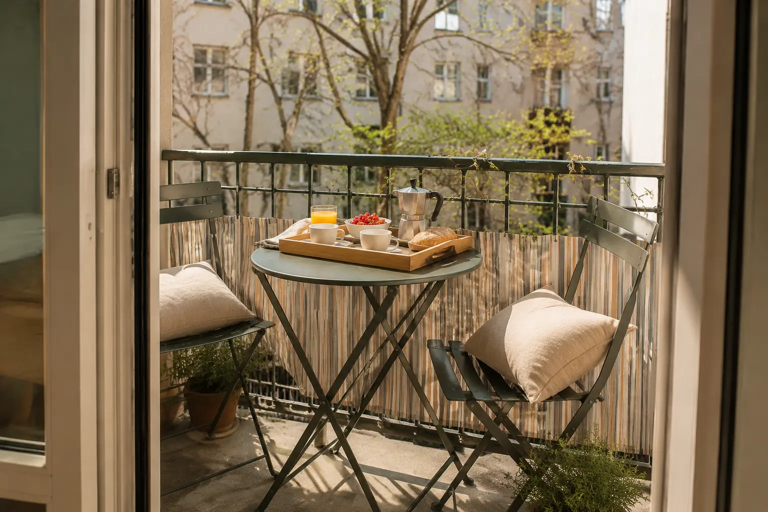 Kompaktes Bistro-Set für zwei auf einem kleinen Balkon mit Frühstückstablett