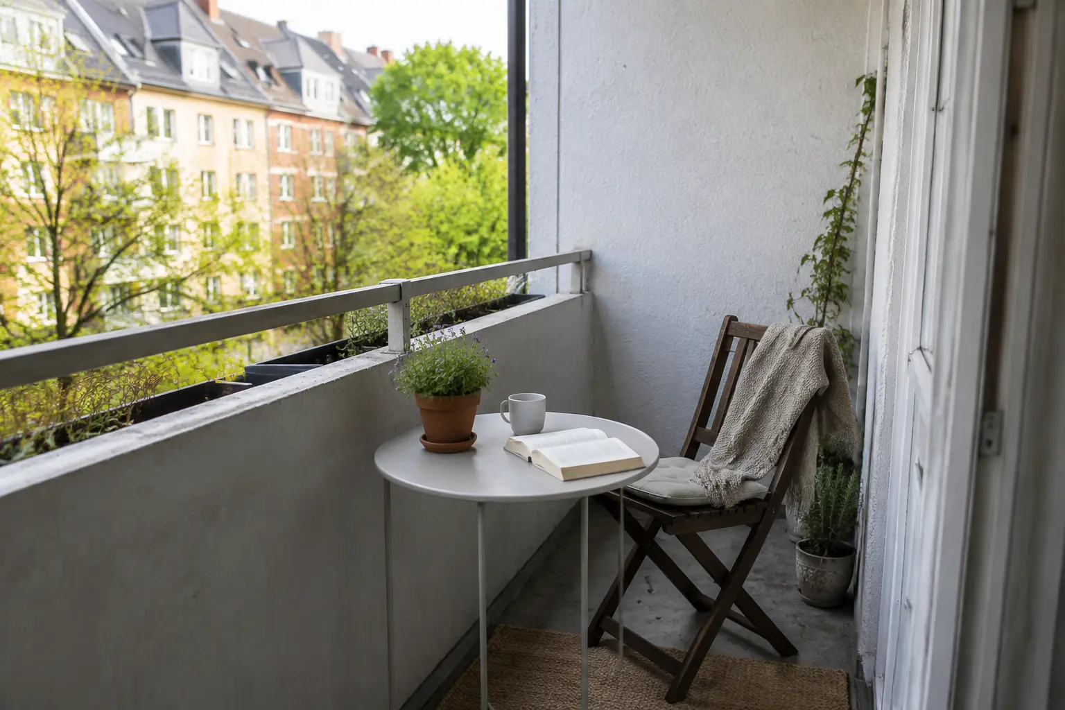 Kleiner Balkon mit klar geplanter Sitzecke für Kaffee und Lesen