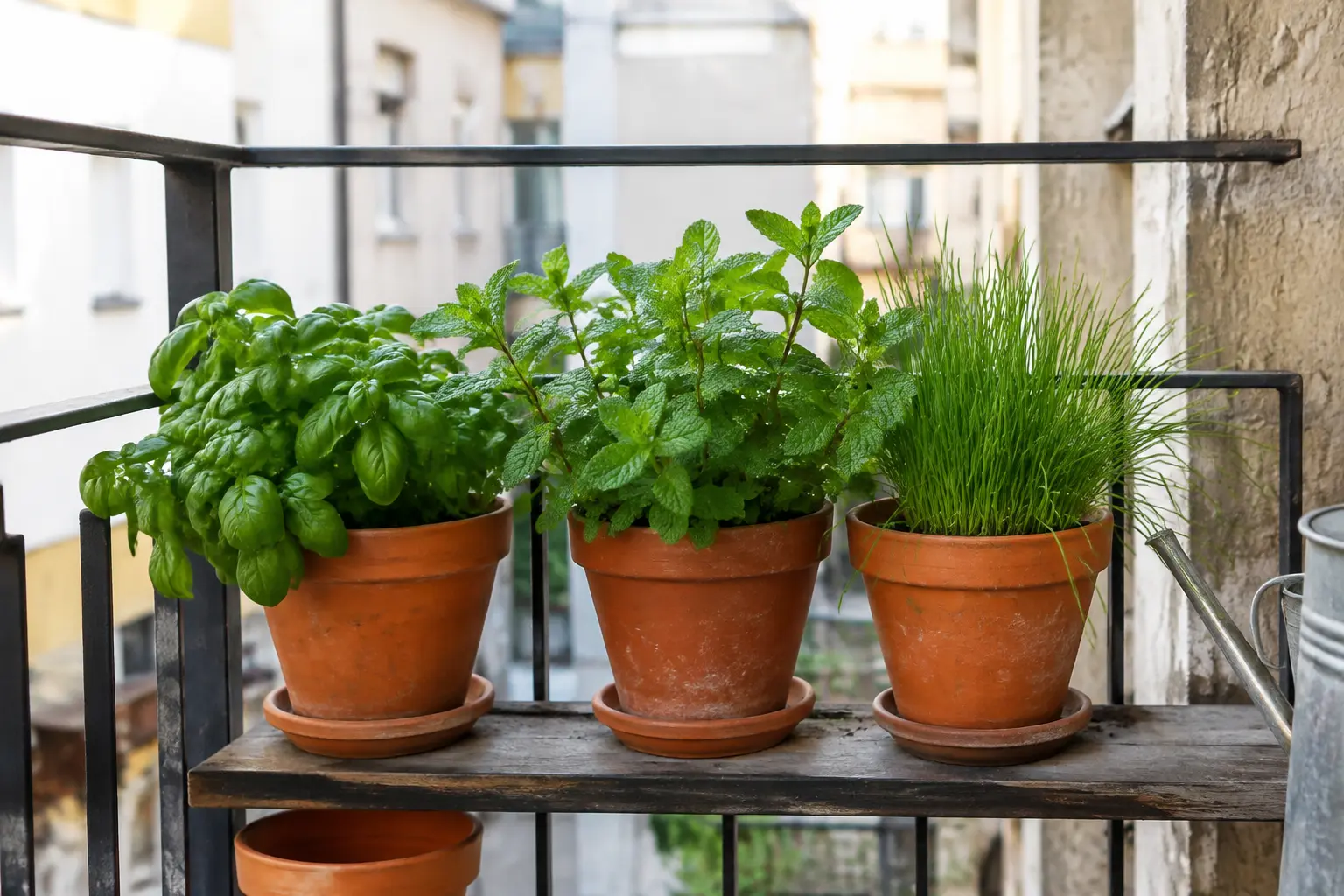 Kompaktes Kräuterbeet auf einem kleinen Balkon mit Basilikum, Minze und Schnittlauch