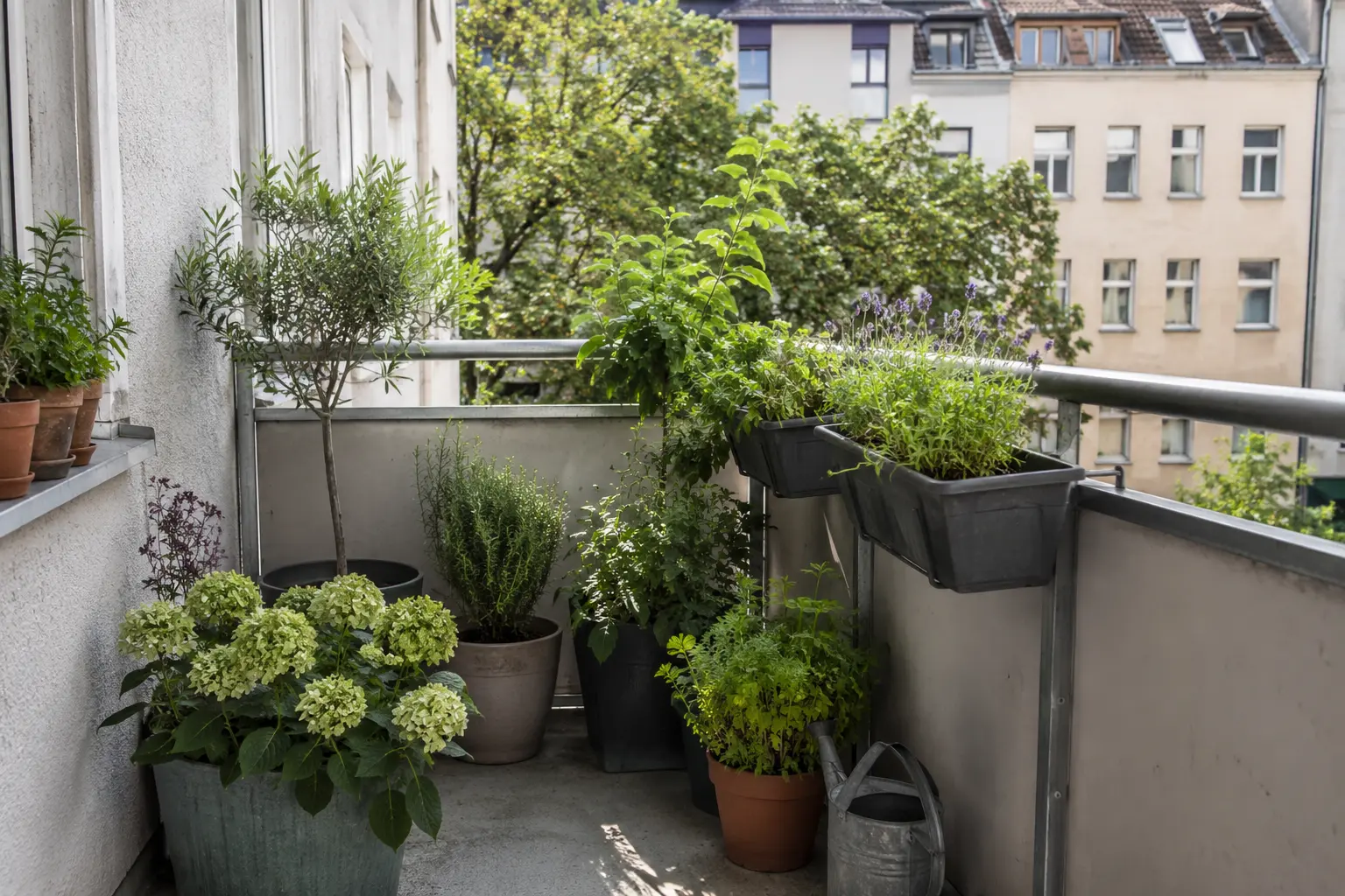 Kleine Balkonpflanzen für Sonne und Schatten in unterschiedlich hohen Töpfen