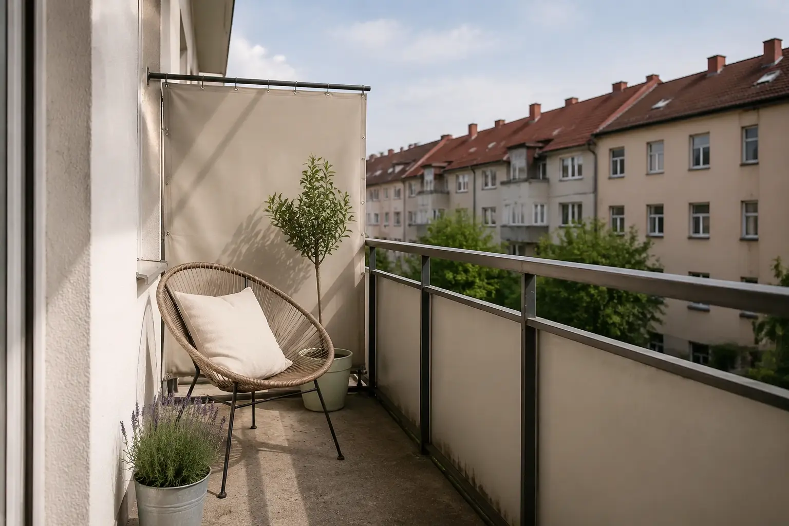 Kleiner Balkon mit textilem Sichtschutz an der Seite und heller Sitzecke