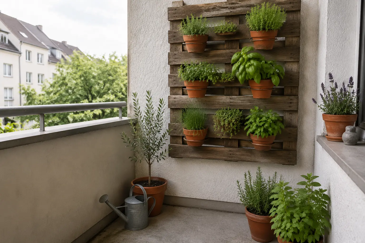 Vertikaler Kräutergarten an der Balkonwand mit kleinen Töpfen und freiem Boden