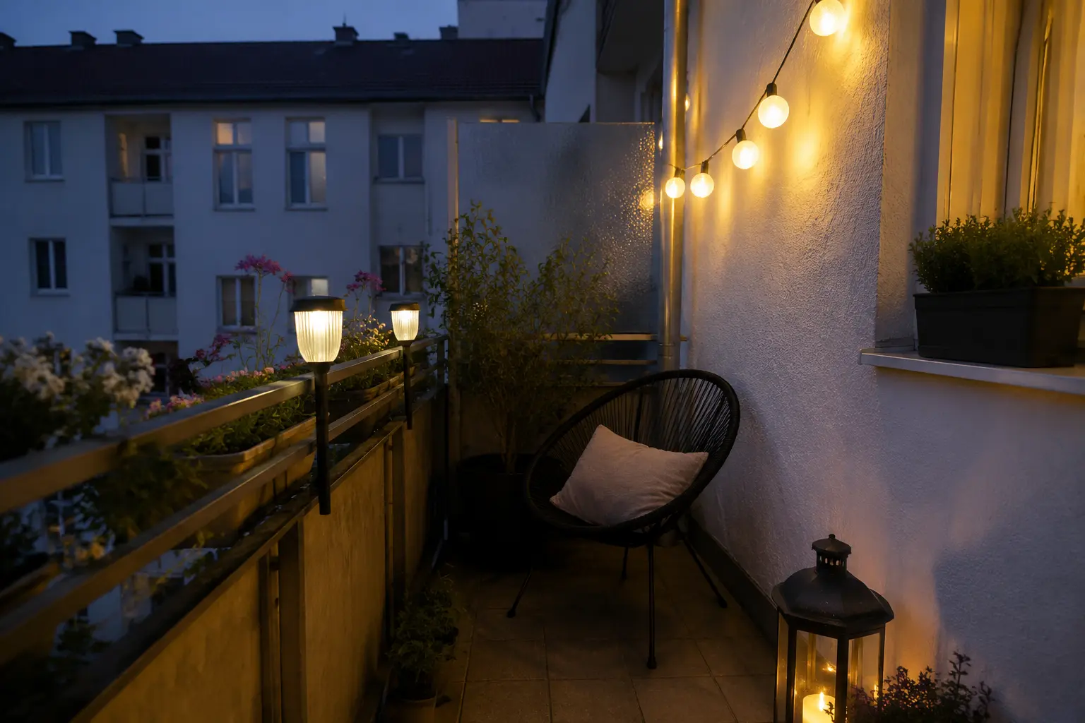 Kleiner Balkon am Abend mit warmer Solarlichterkette und Laterne