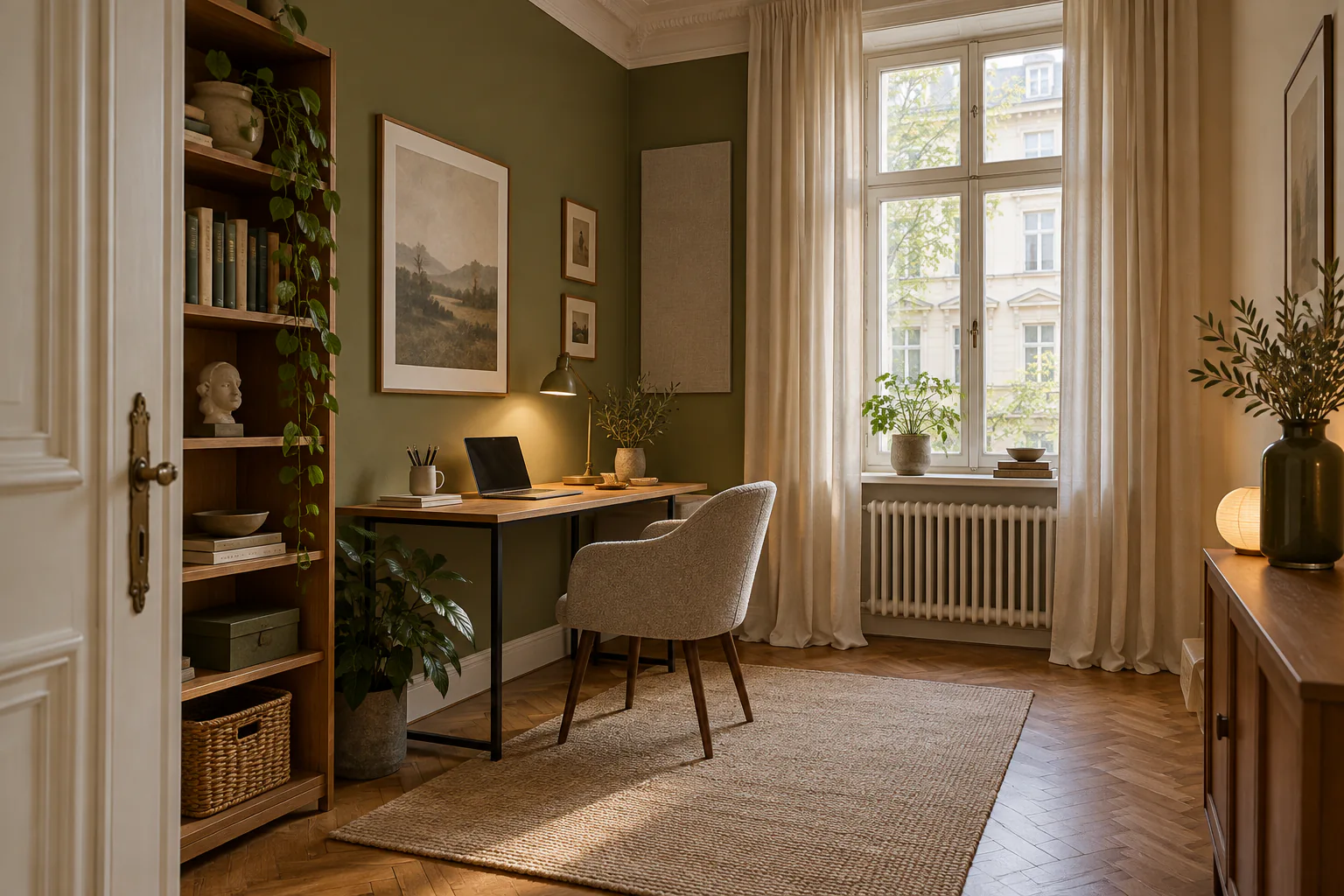Kleine Arbeitsecke mit Vorhang, Teppich und gepolstertem Stuhl für eine ruhigere Raumakustik
