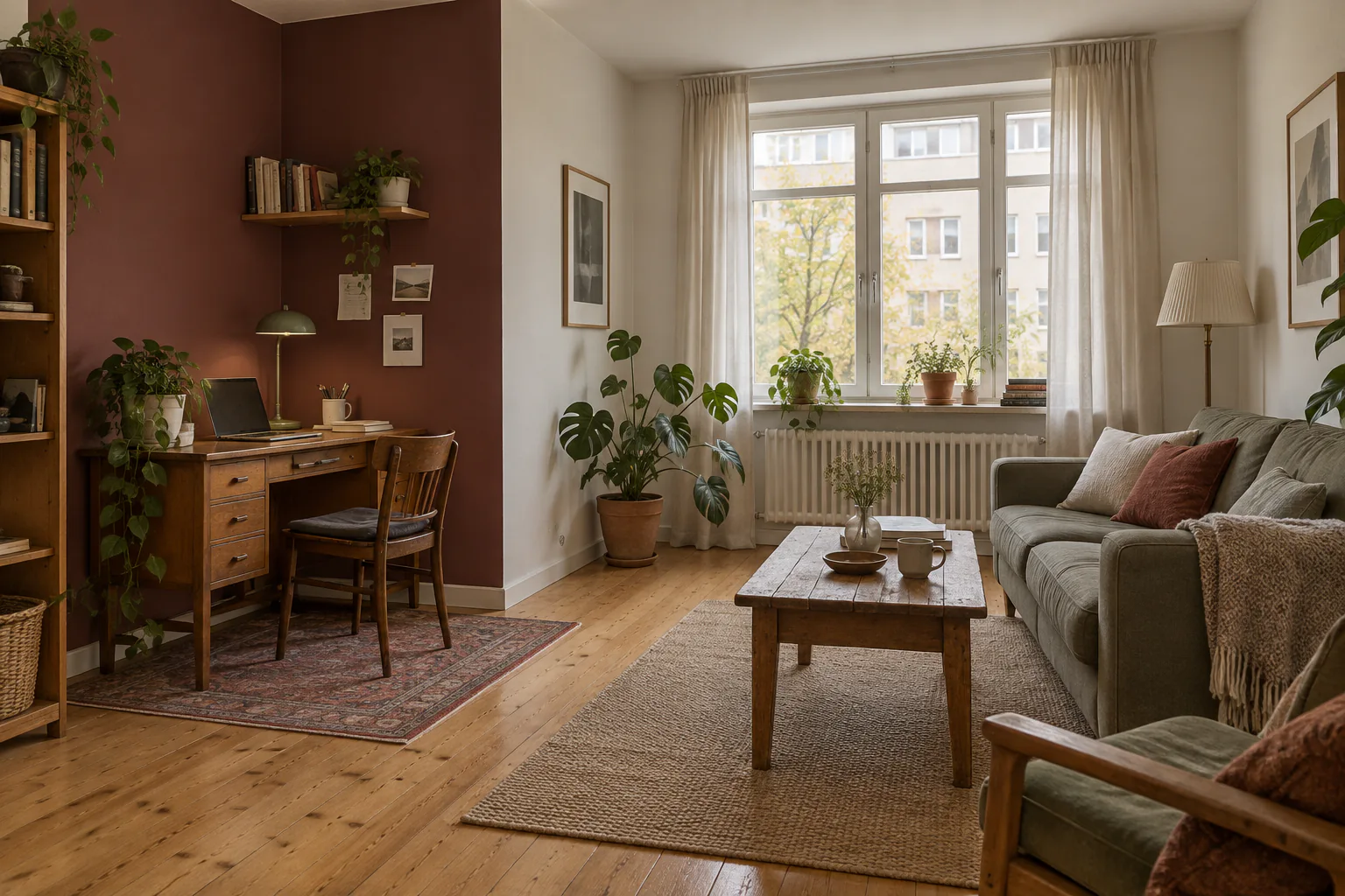 Kleine Homeoffice-Ecke, die durch eine dezente Wandfarbe und einen schmalen Teppich zoniert ist
