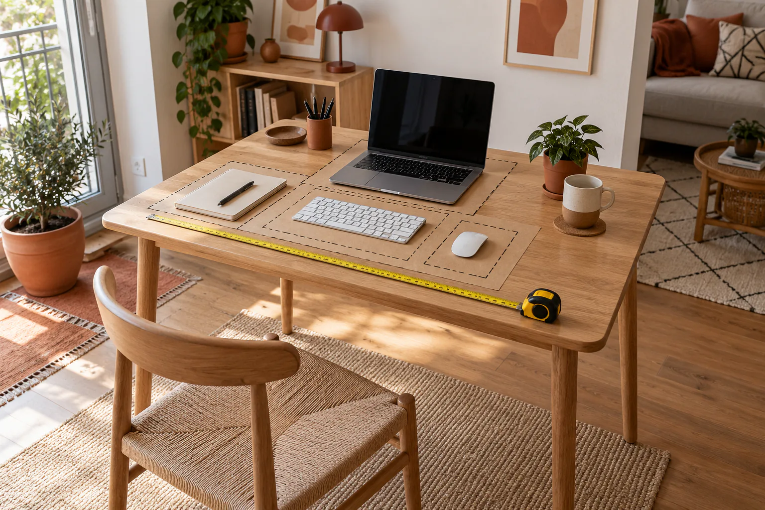 Mit Papier markierte Arbeitsfläche für Laptop, Tastatur und Notizbuch in einer kleinen Wohnung