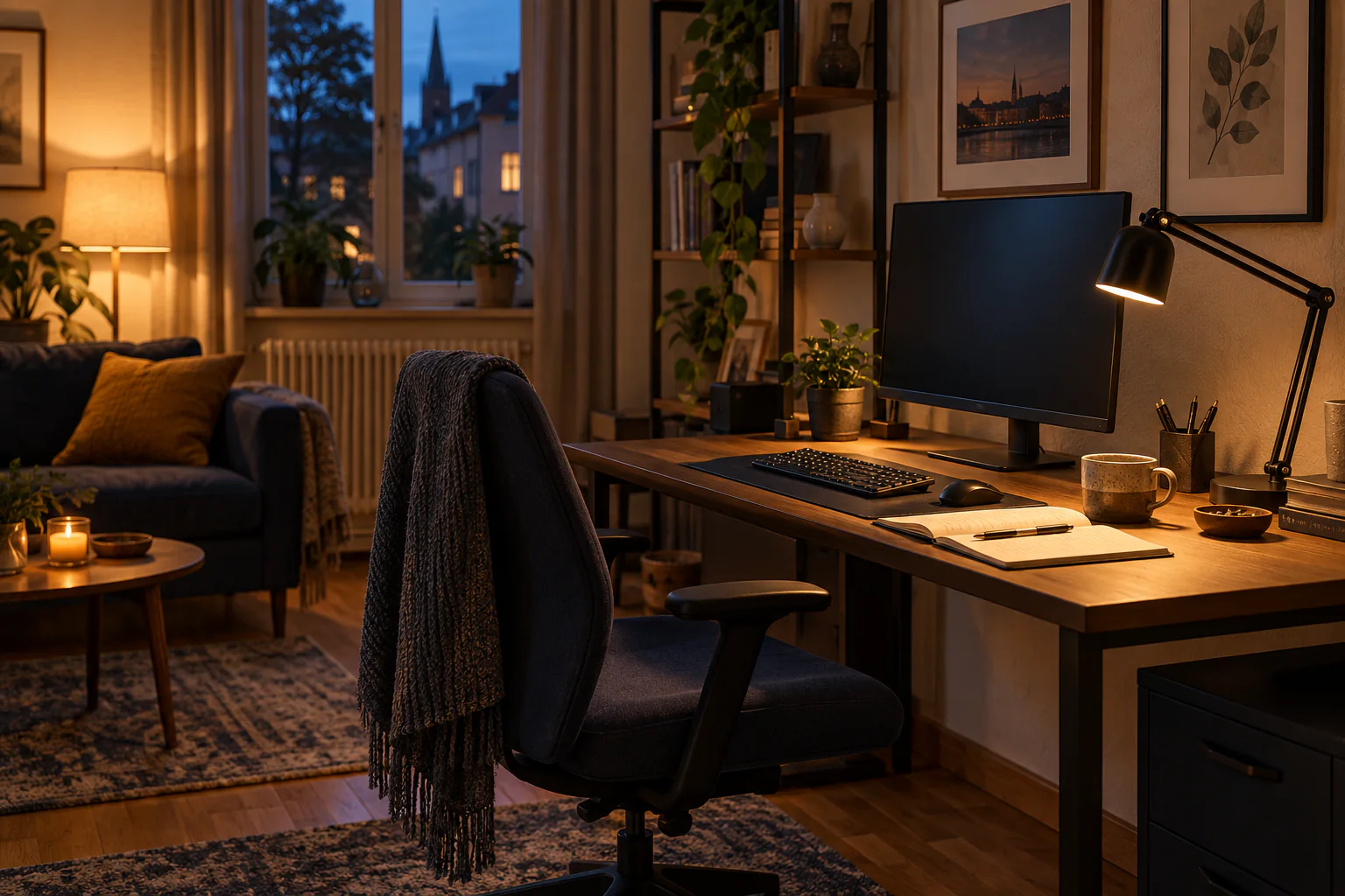 Kleine Arbeitsecke mit indirektem Raumlicht und gerichteter Schreibtischleuchte am Abend