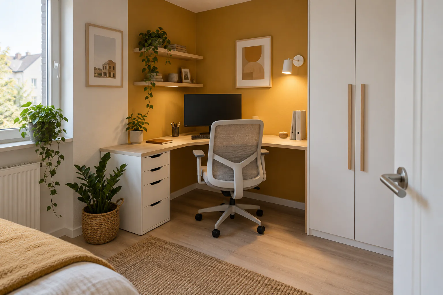 Kleiner Arbeitsplatz in einer bislang ungenutzten Zimmerecke mit kompakter Eckplatte