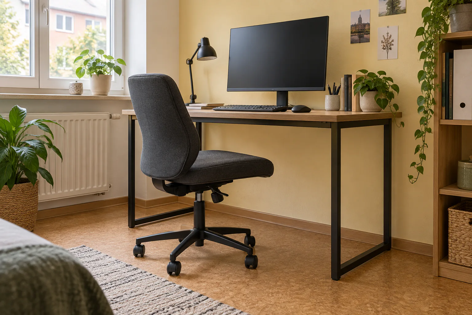 Kompakter verstellbarer Bürostuhl an einem kleinen Schreibtisch mit ausreichend Bewegungsfläche