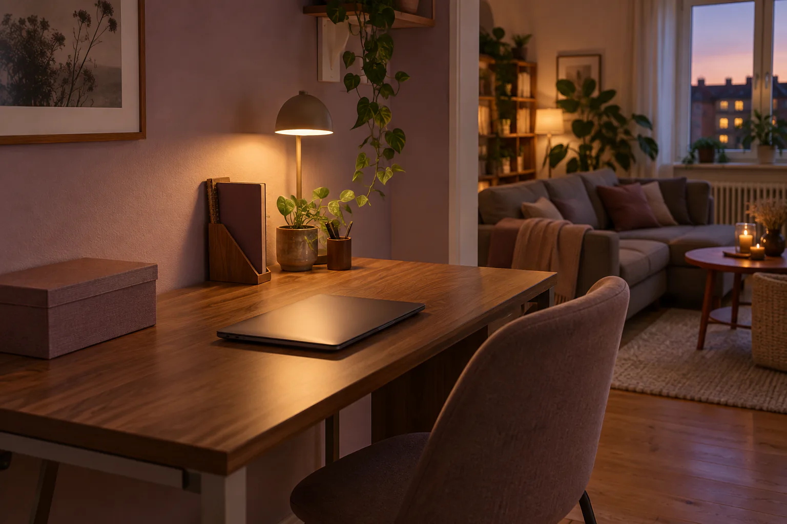 Aufgeräumter kleiner Schreibtisch mit geschlossener Arbeitsbox und freier Fläche nach Feierabend