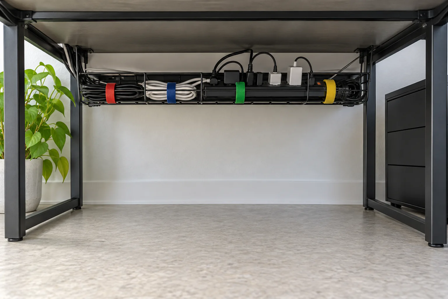 Sauber geführte Strom- und Ladekabel unter einem kompakten Homeoffice-Schreibtisch
