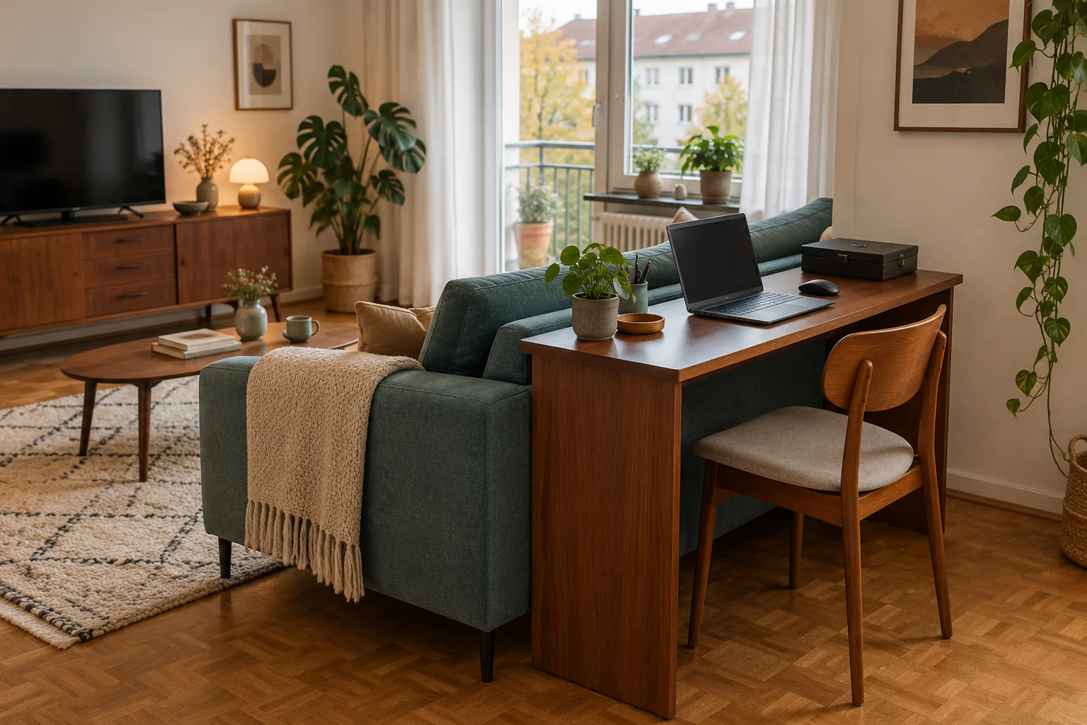 Schmale Konsole hinter einem Sofa, die als aufgeräumter Laptop-Arbeitsplatz genutzt wird