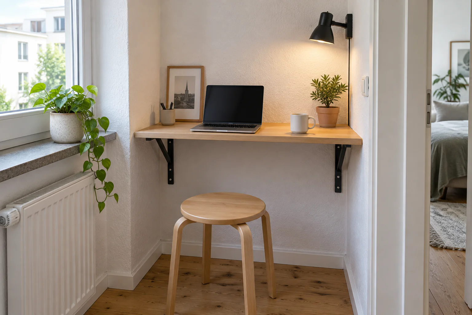 Minimalistischer Arbeitsplatz mit stabiler Wandplatte und leichtem Laptop in einer kleinen Nische
