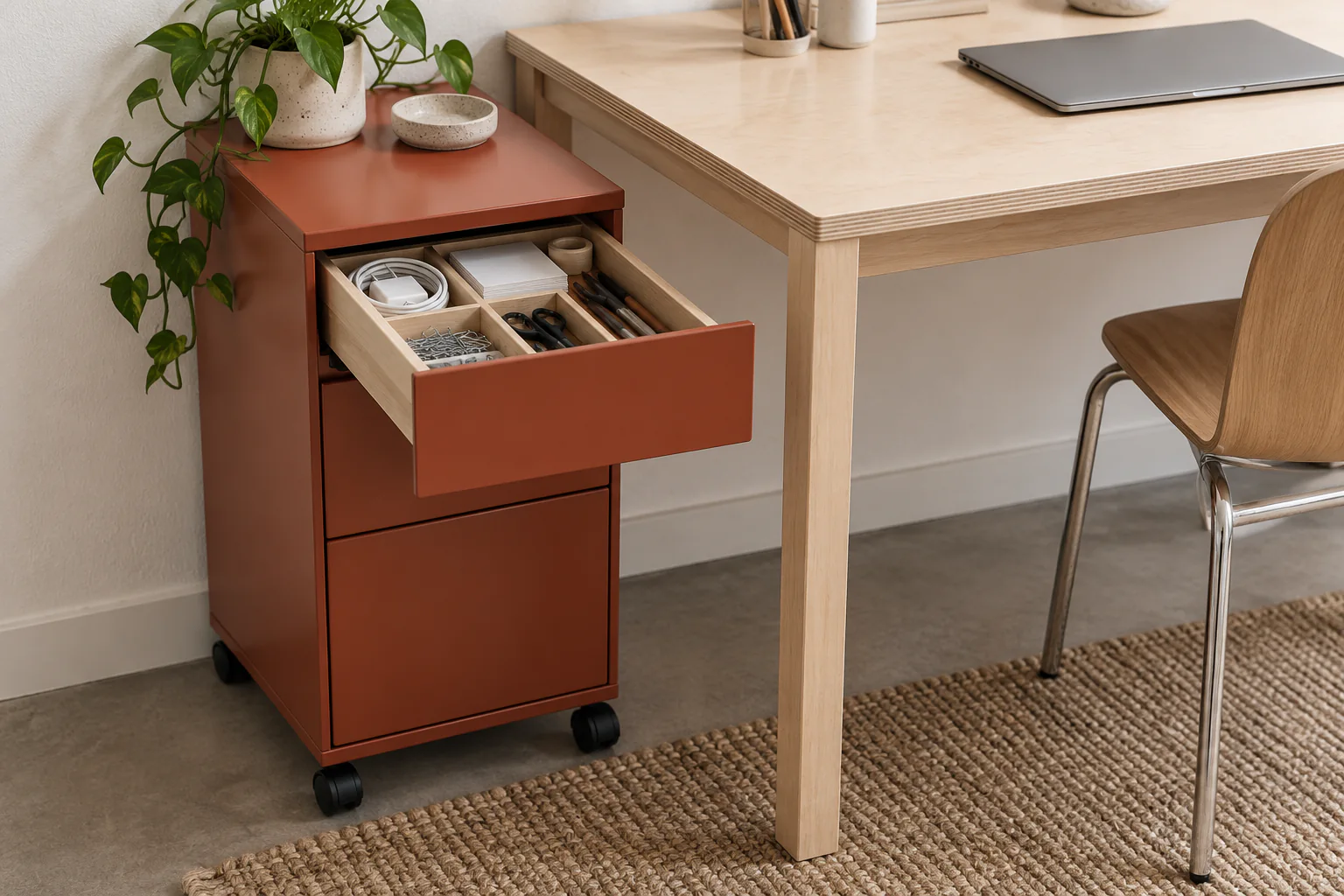 Schmaler mobiler Rollcontainer mit Papier, Ladegerät und Bürobedarf neben einem kleinen Tisch