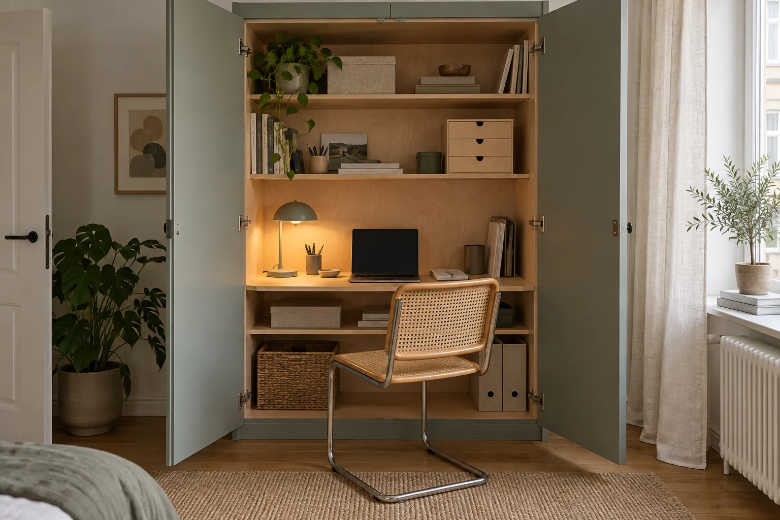 Geöffneter Schrank mit integriertem Laptop-Arbeitsplatz und geschlossenen Türen für den Feierabend