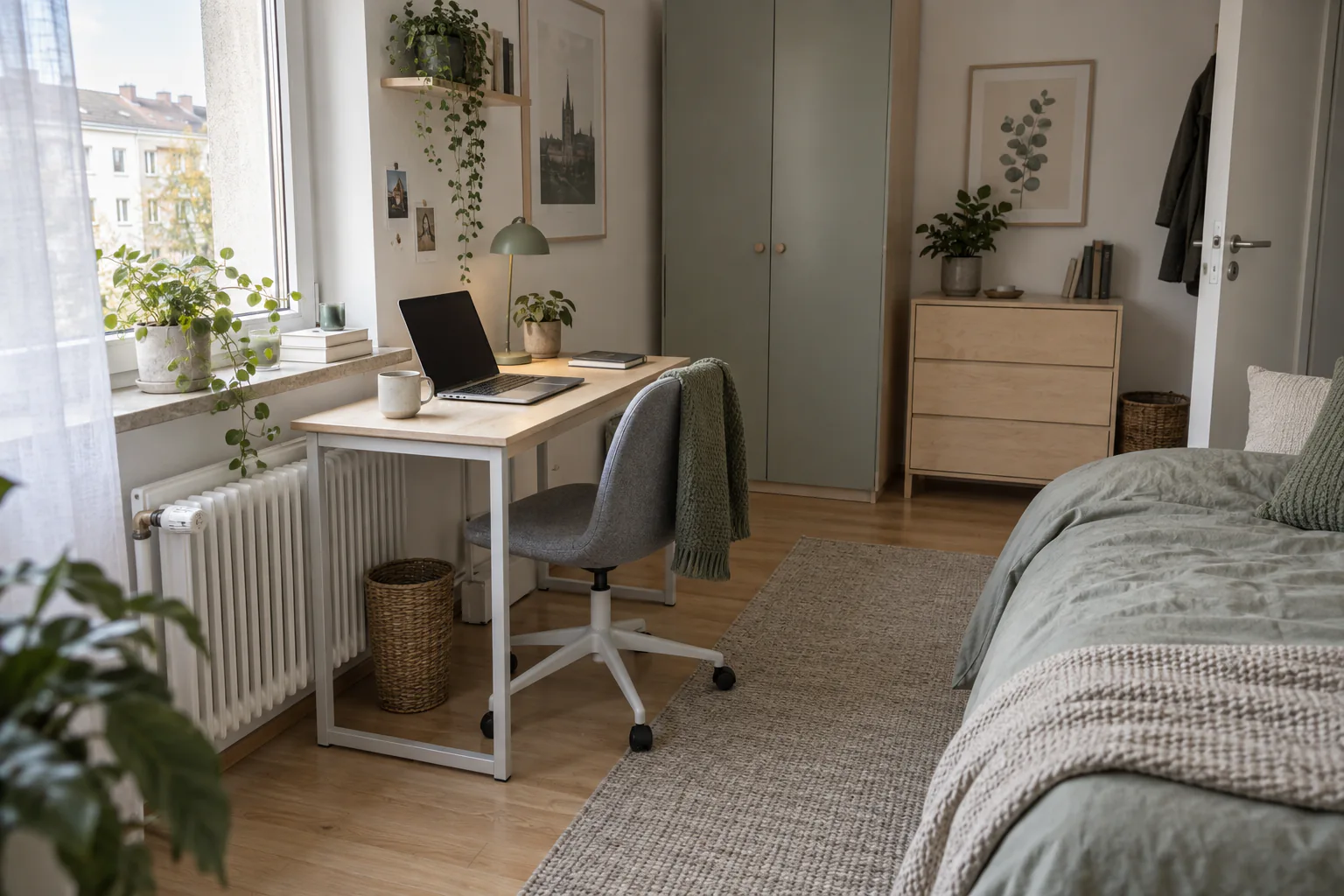 Schmaler Homeoffice-Schreibtisch seitlich zu einem Fenster mit gleichmäßigem Tageslicht