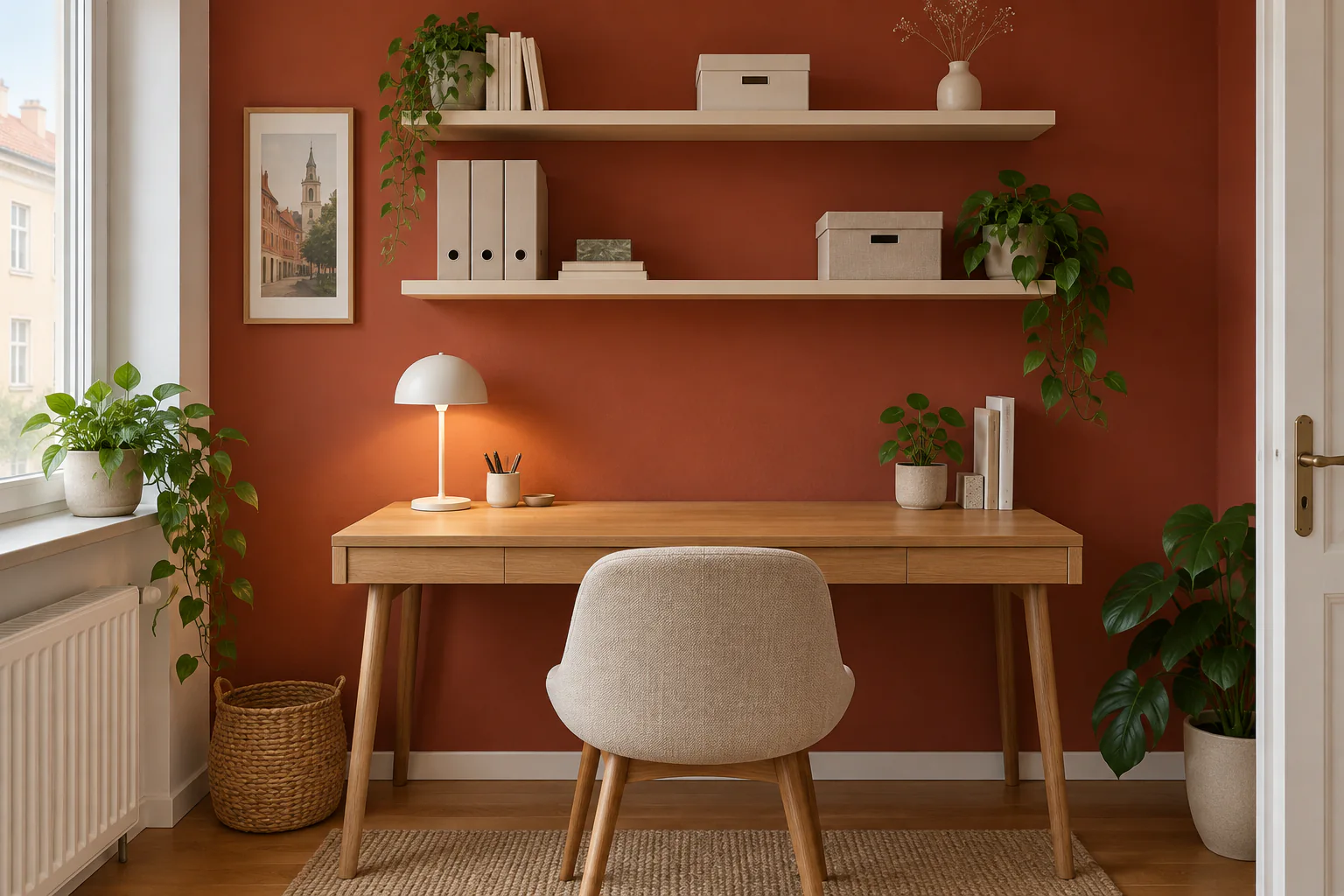 Geordneter Wandstauraum mit zwei flachen Ablagen über einem kleinen Homeoffice-Schreibtisch