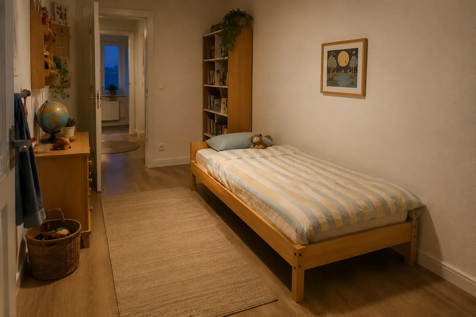 Schmales Kinderbett längs an der Wand mit freier Fläche davor