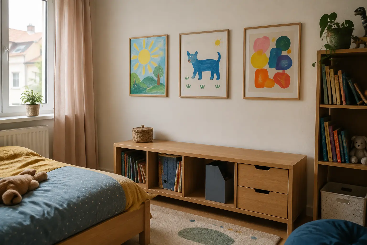 Kleine Galerie mit drei Kinderzeichnungen auf einer freien Wand neben dem Aufbewahrungsbereich