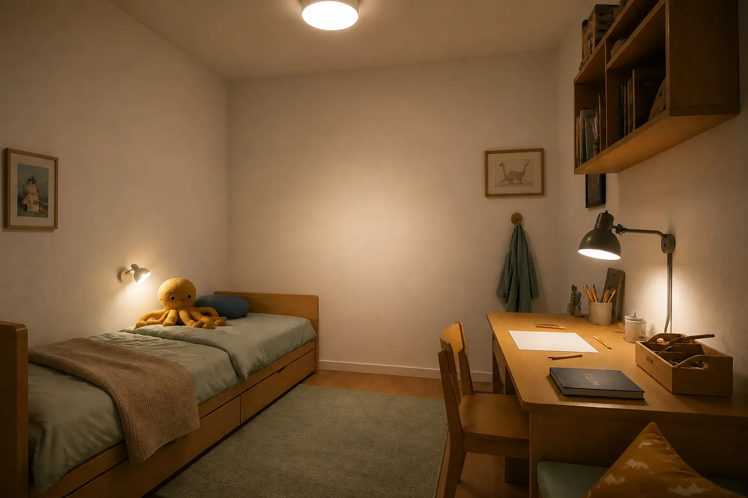 Kinderzimmer am Abend mit Deckenlicht und gezielter Wandbeleuchtung am Lernplatz