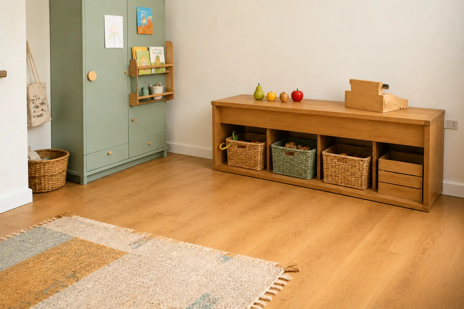 Niedriges Aufbewahrungsmöbel, dessen freie Oberseite als kleine Spieltheke genutzt wird