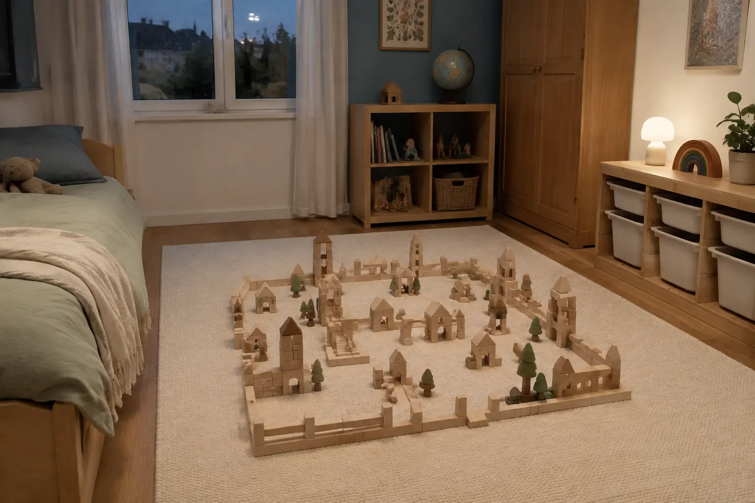 Flach liegender Spielteppich mit freier Baufläche zwischen Bett und Aufbewahrung