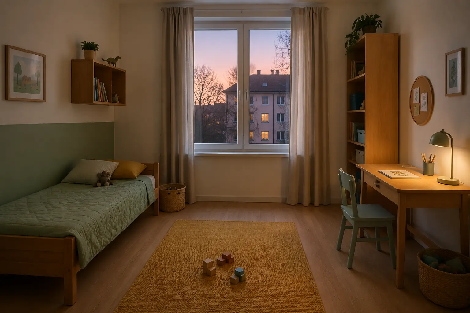 Kleines Kinderzimmer mit klaren Bereichen für Schlafen, Spielen und Lernen