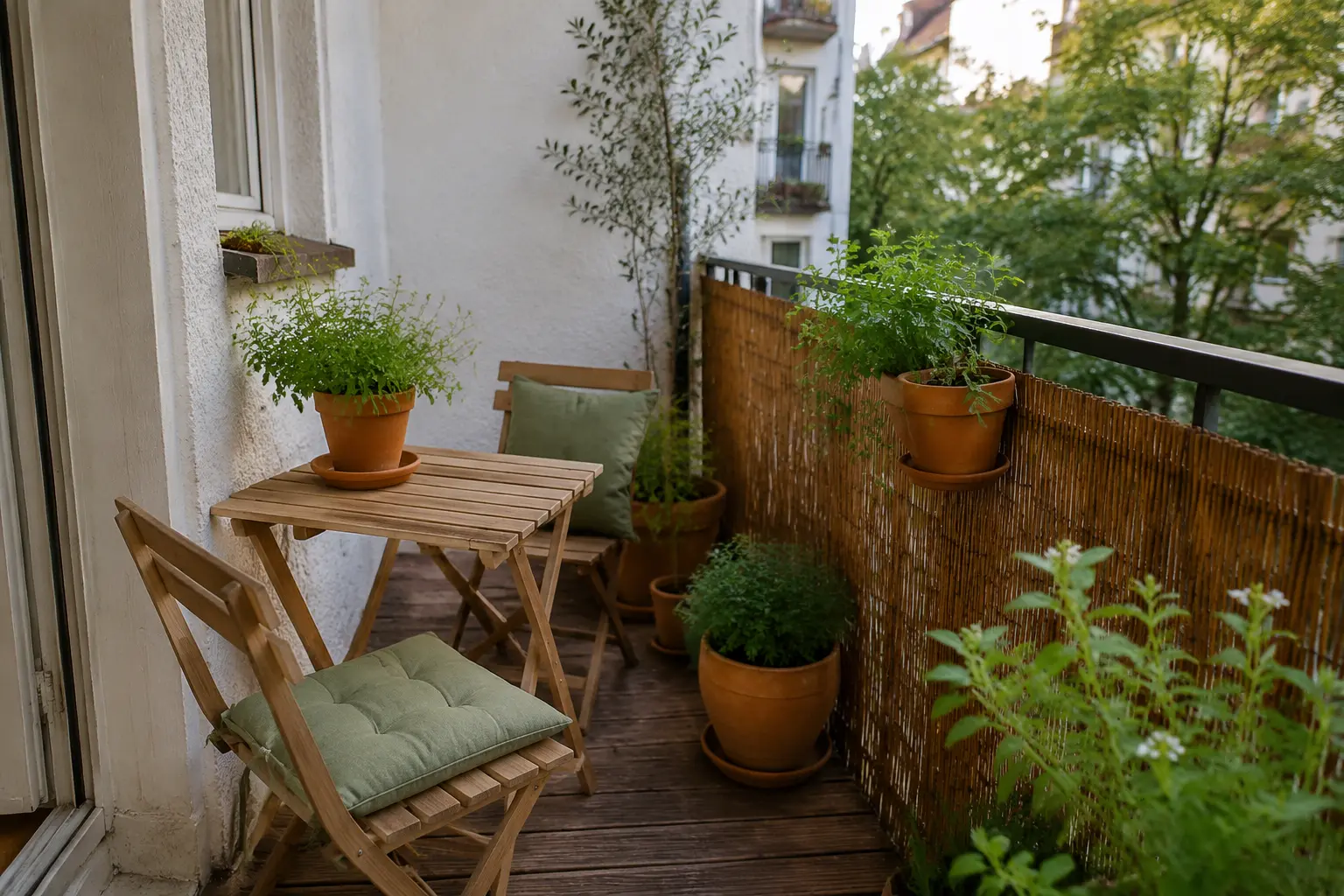 Kleiner Balkon in einer ruhigen Palette aus Naturholz, Grün und warmem Terrakotta