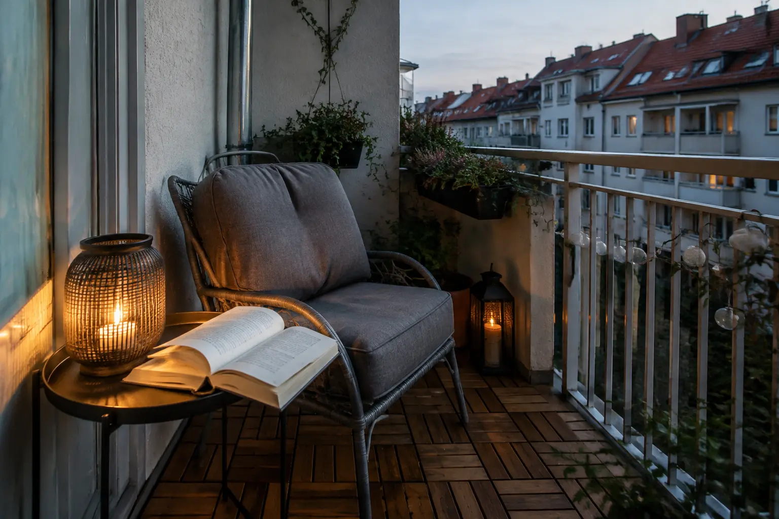 Kleine Balkon-Leseecke mit bequemem Stuhl, Beistelltisch und warmer Laterne