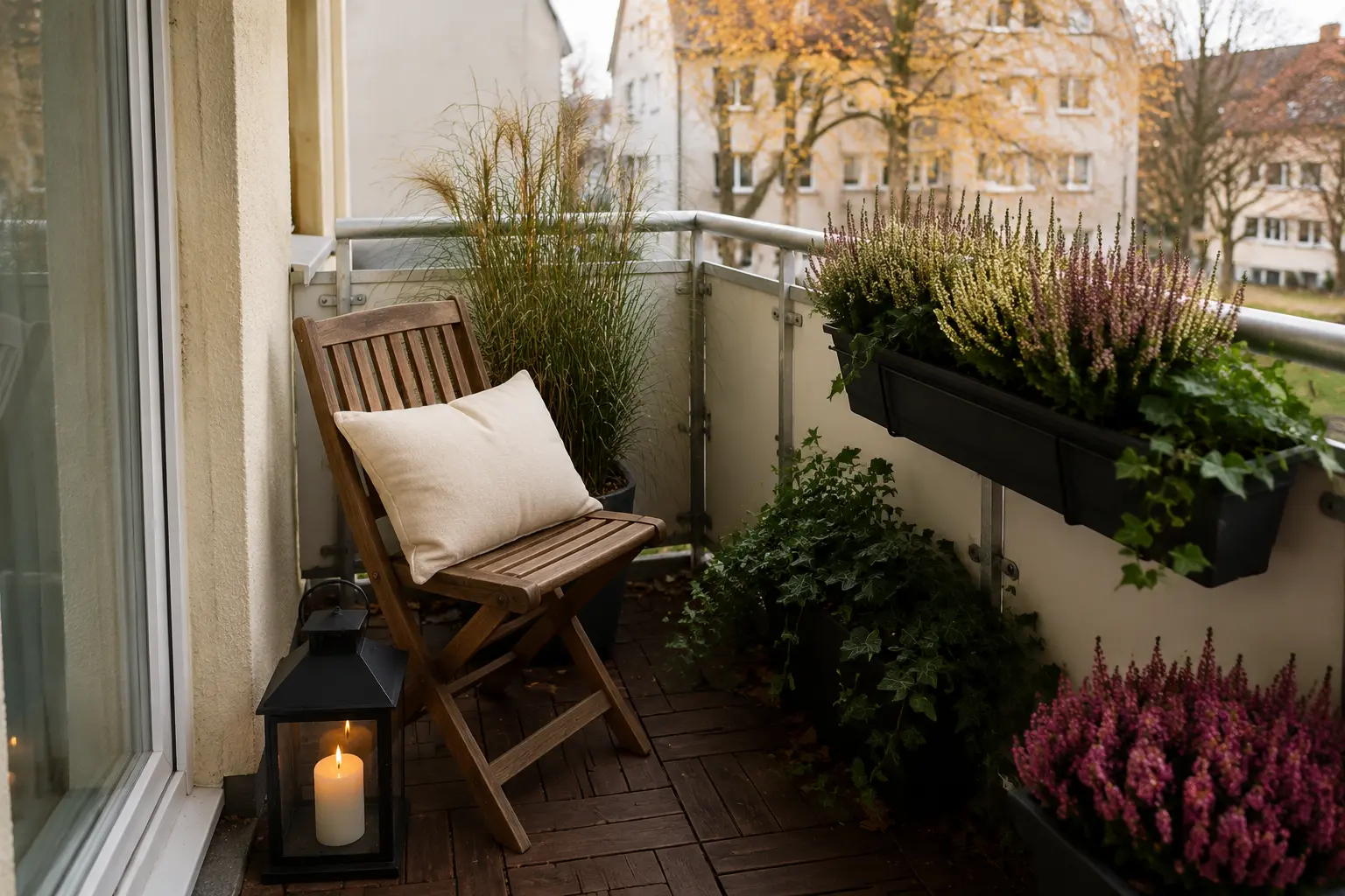 Kleiner Balkon mit saisonal wechselbaren Kissen, Laterne und wenigen Pflanzen