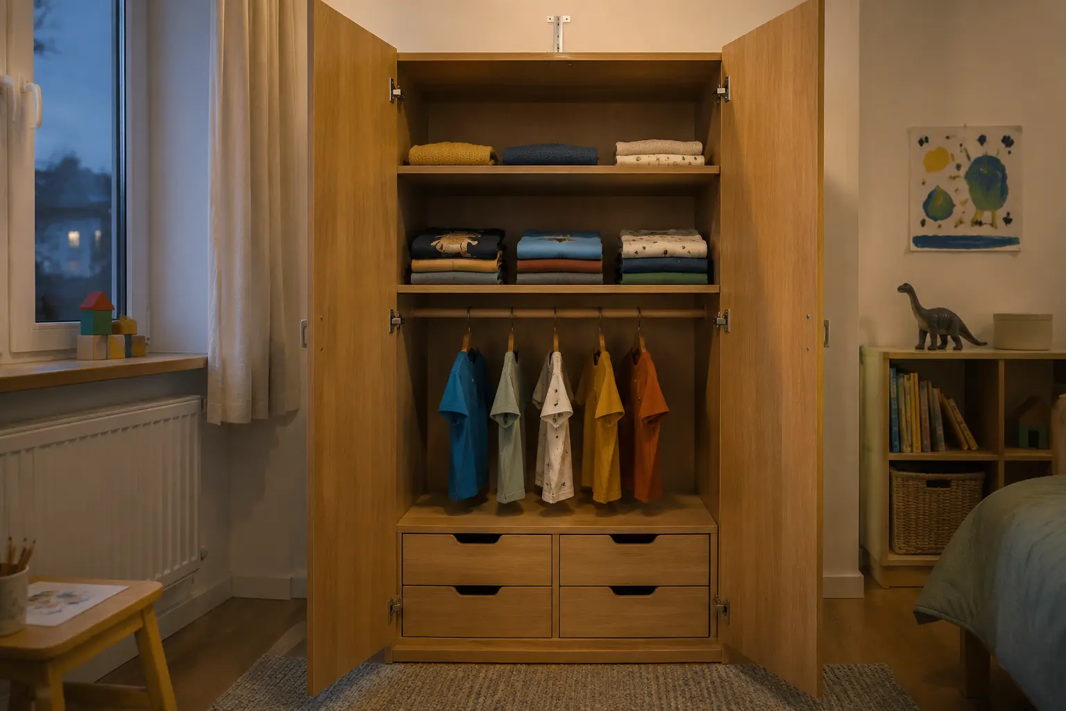 Übersichtlich eingerichteter Kinderkleiderschrank mit niedriger Kleiderstange und Einlegeböden