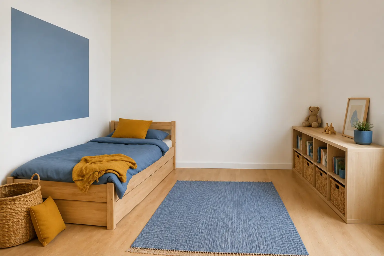 Kleines Kinderzimmer in warmem Weiß und hellem Holz mit sanften Blau- und Ockerakzenten