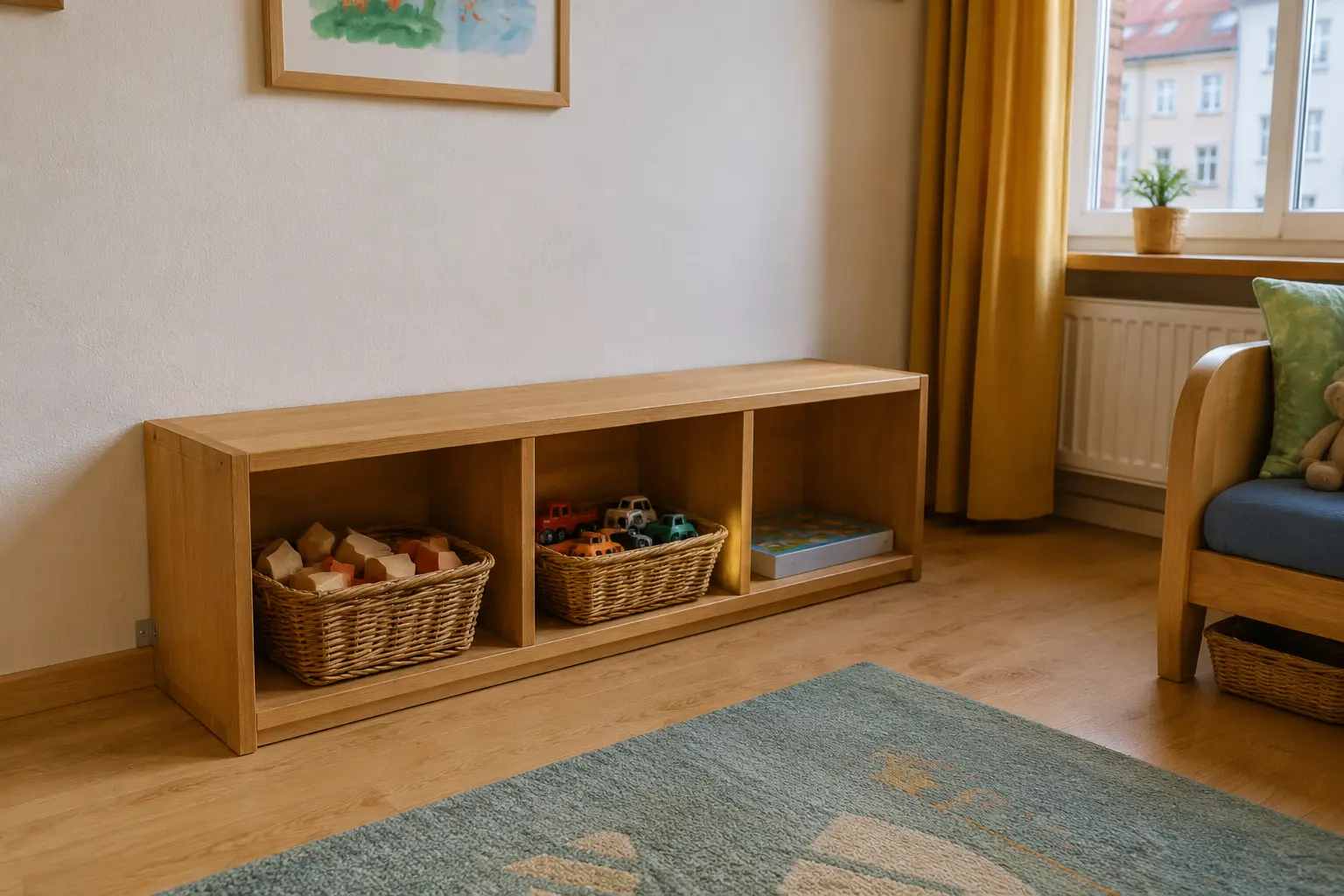 Niedriges Holzregal mit wenigen gut erreichbaren Spielzeugkörben im Kinderzimmer